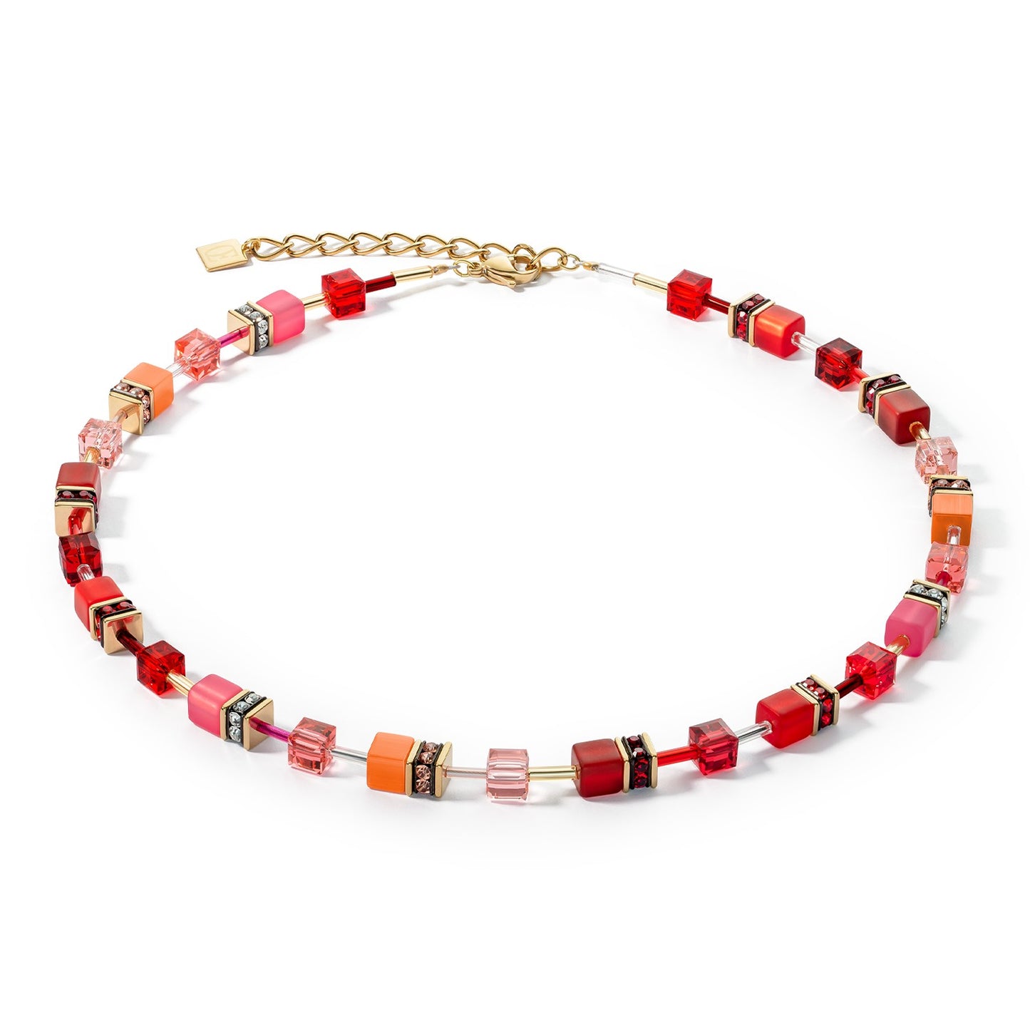Yellow Gold Plated Red and Orange Swarvoski Cube Necklace