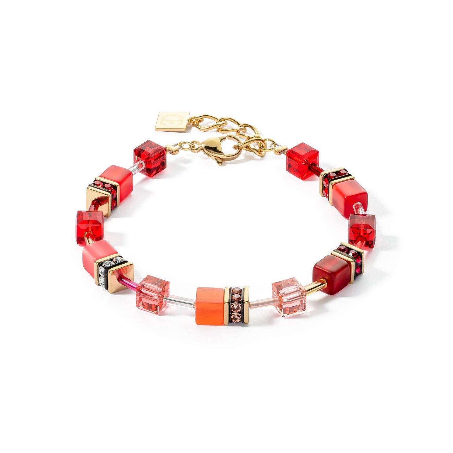 Yellow Gold Plated Red and Orange Swarvoski Cube Bracelet