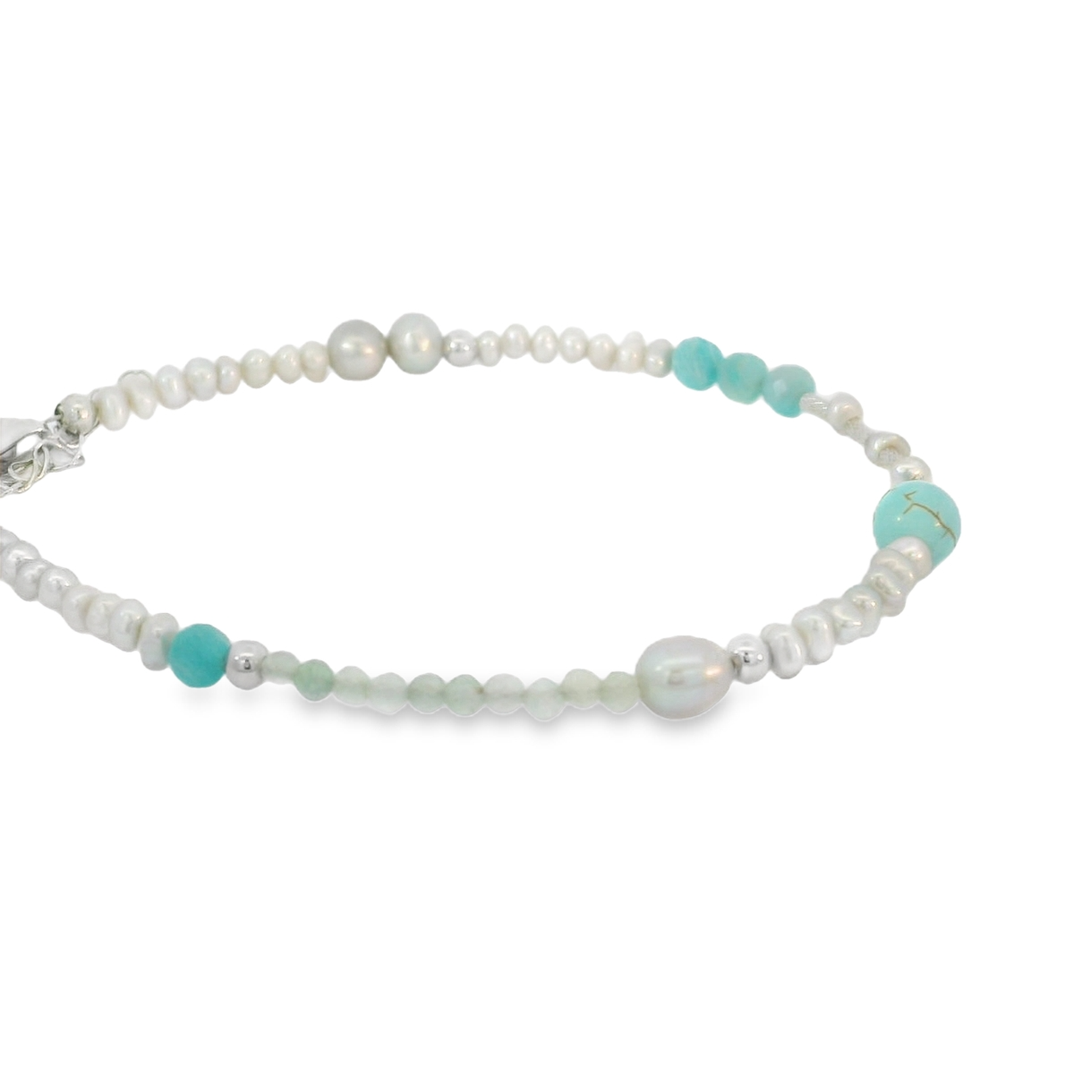 Grey,Turqoise and Silver Beaded Bracelet