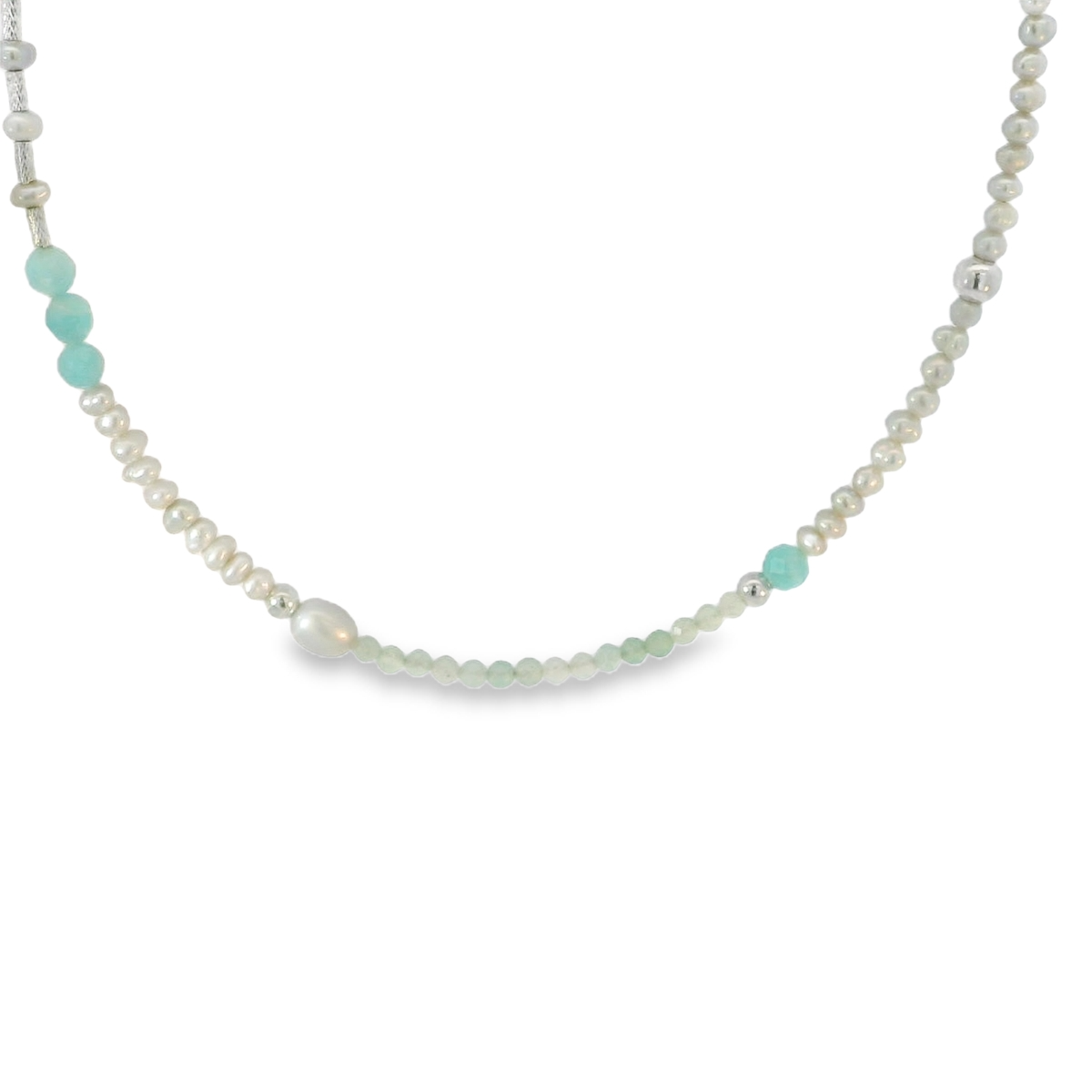 Teal, Grey, Pearl and Silver Beaded Necklace