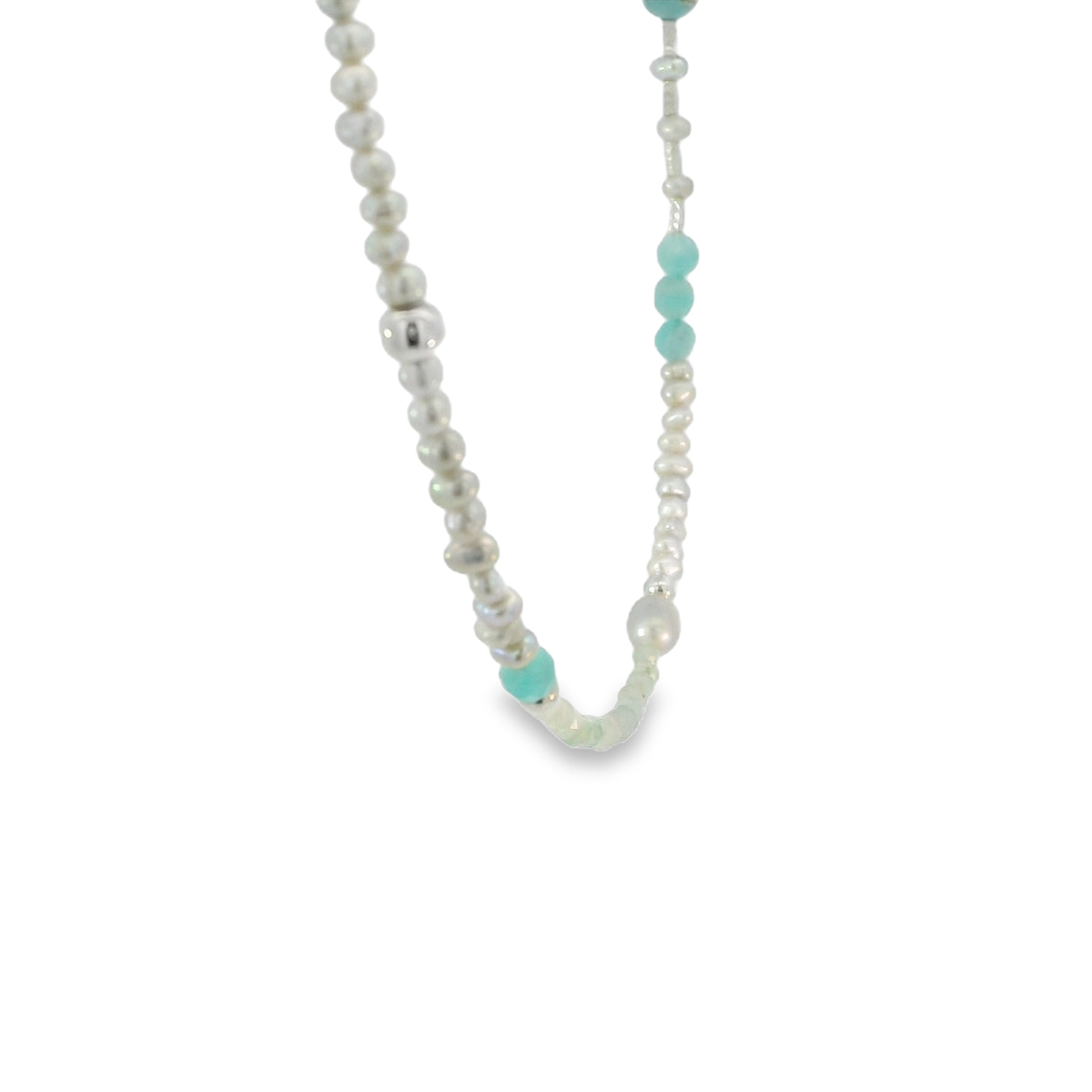 Teal, Grey, Pearl and Silver Beaded Necklace