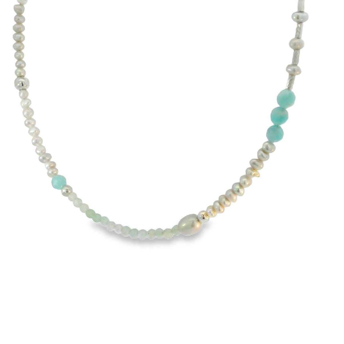 Teal, Grey, Pearl and Silver Beaded Necklace