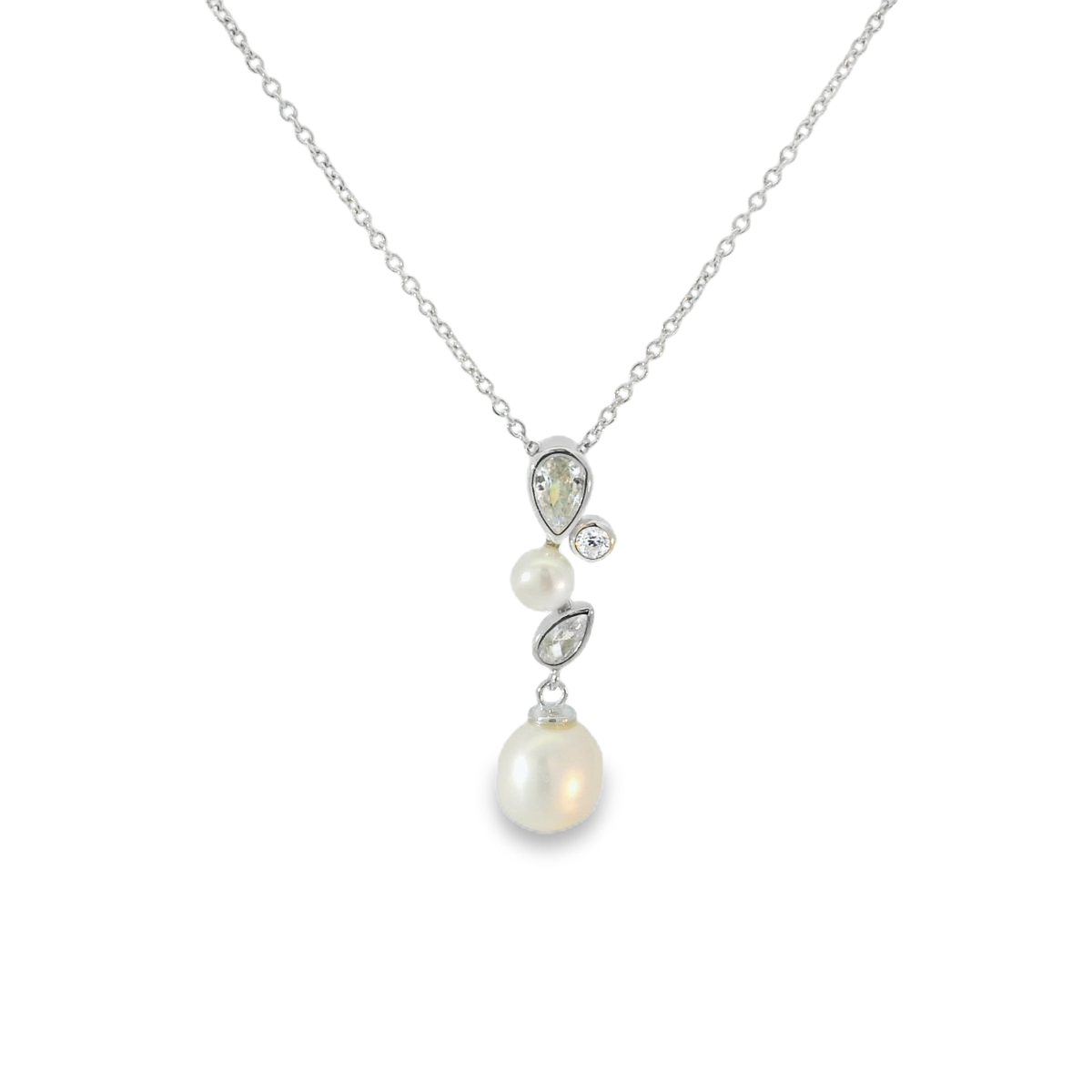 Silver and Pearl Pendant with Cubic Zirconias
