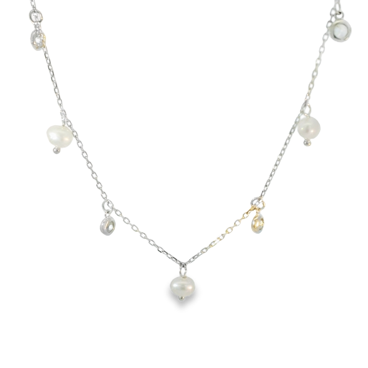 OJ104 Sil Wht Pearl, Rub CZ and Chain Necklace