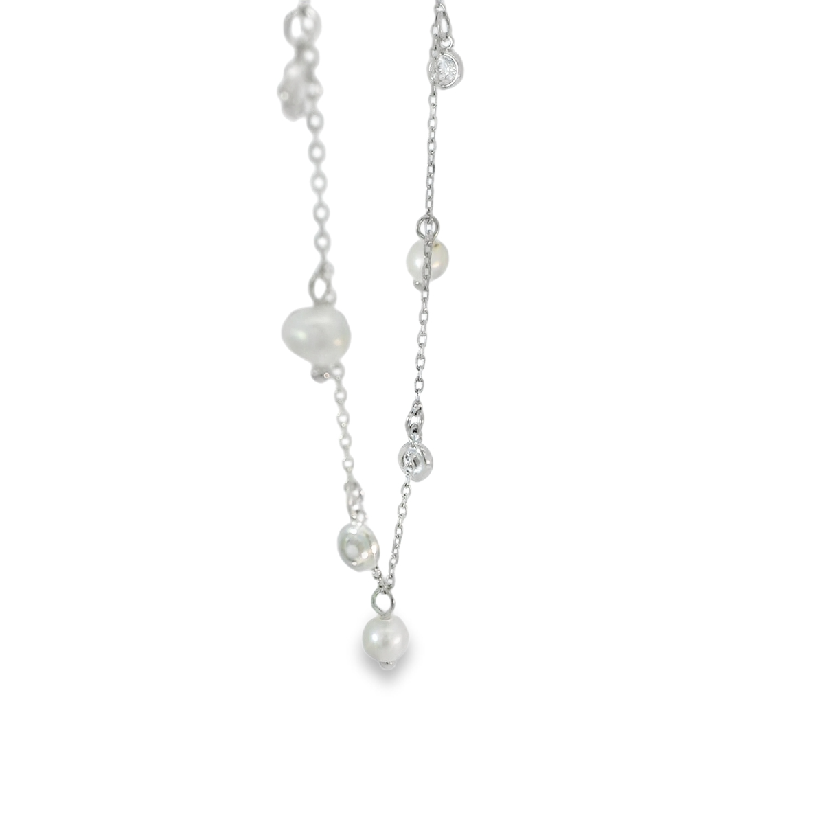 OJ104 Sil Wht Pearl, Rub CZ and Chain Necklace