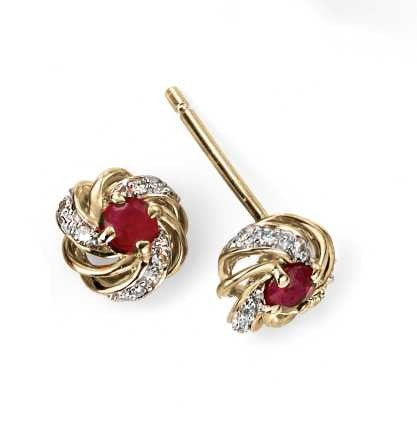 9ct Yellow Gold Diamond and Ruby Knot Earrings