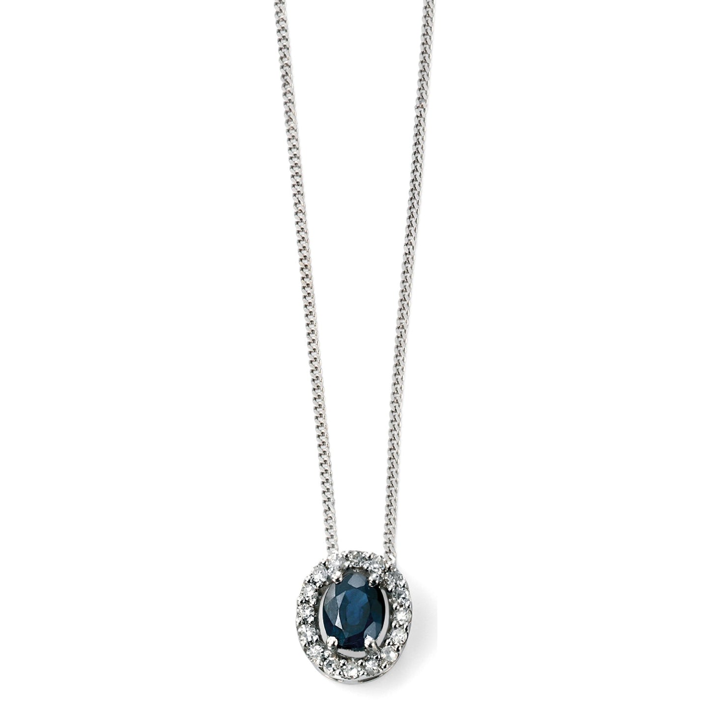 9ct White Gold Oval Blue Sapphire and Diamond Halo Pendant