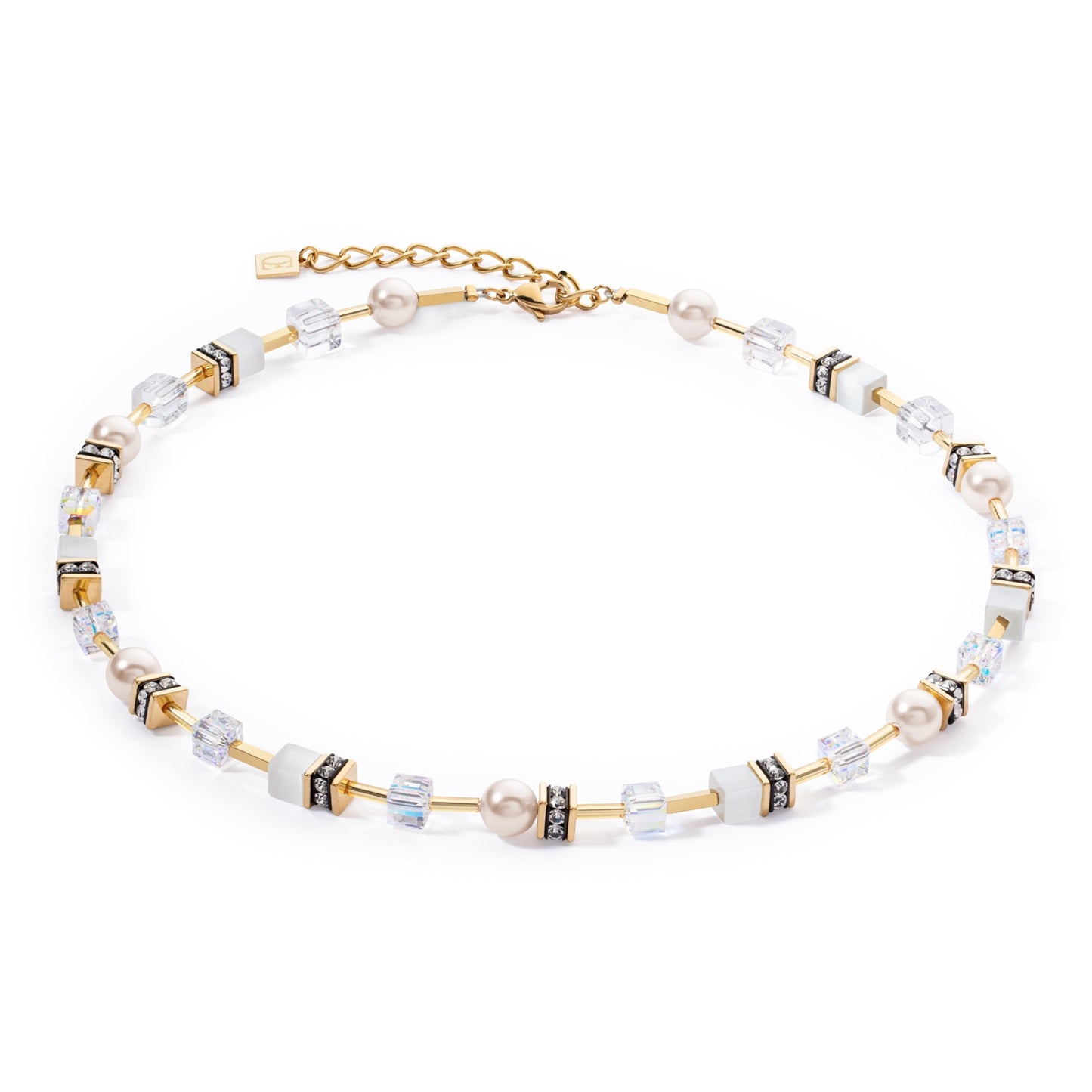 Yellow Gold Plated White Cube and Swarvoski Pearl Necklace