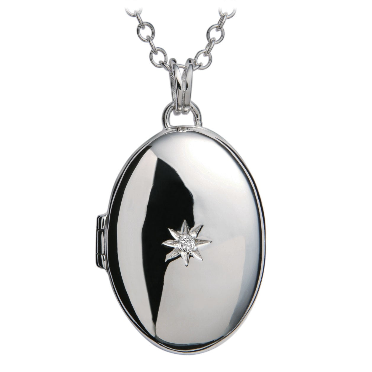 Silver Diamond Set Oval Locket with a Silver Trace Chain