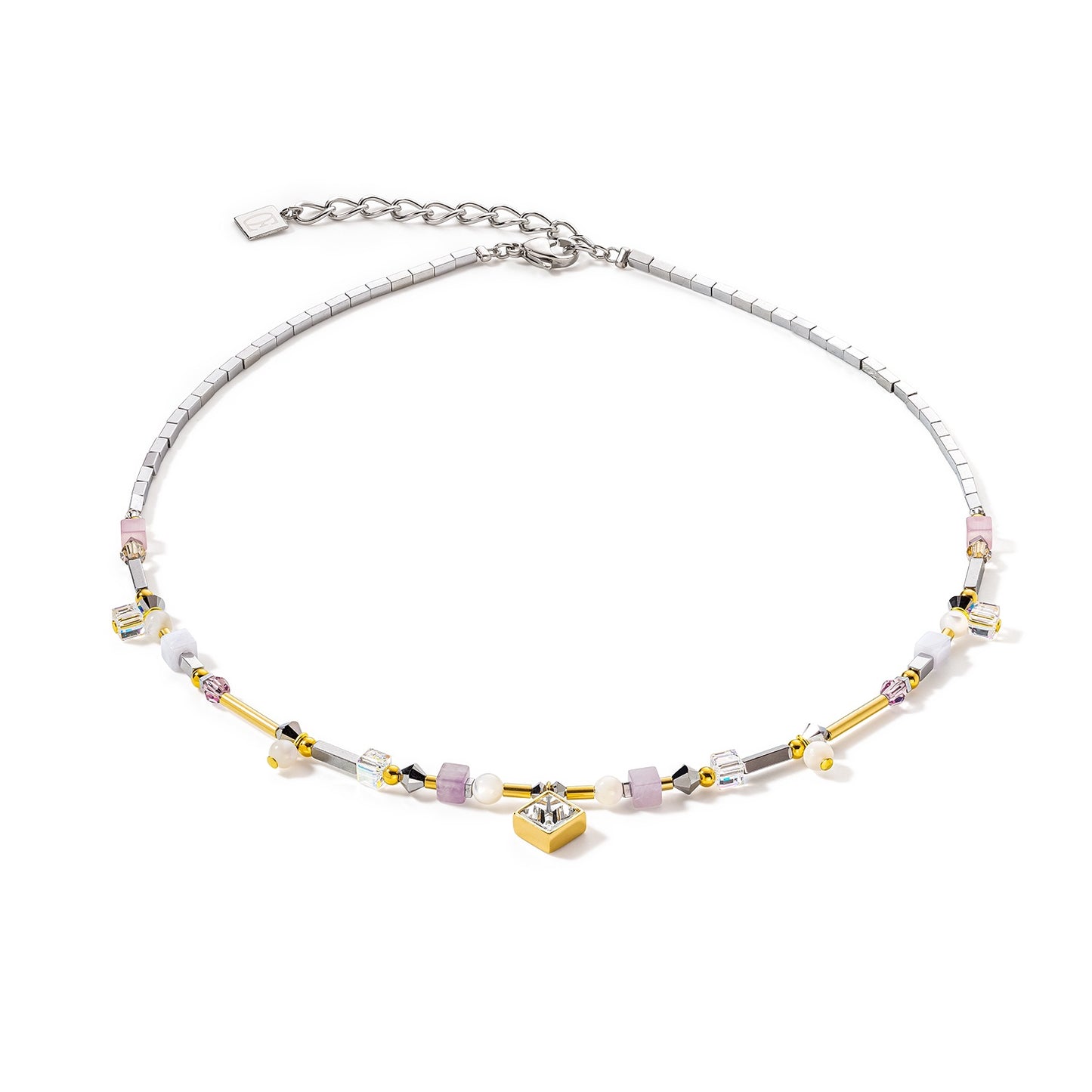 Grey,purple cube and beaded bar Necklace