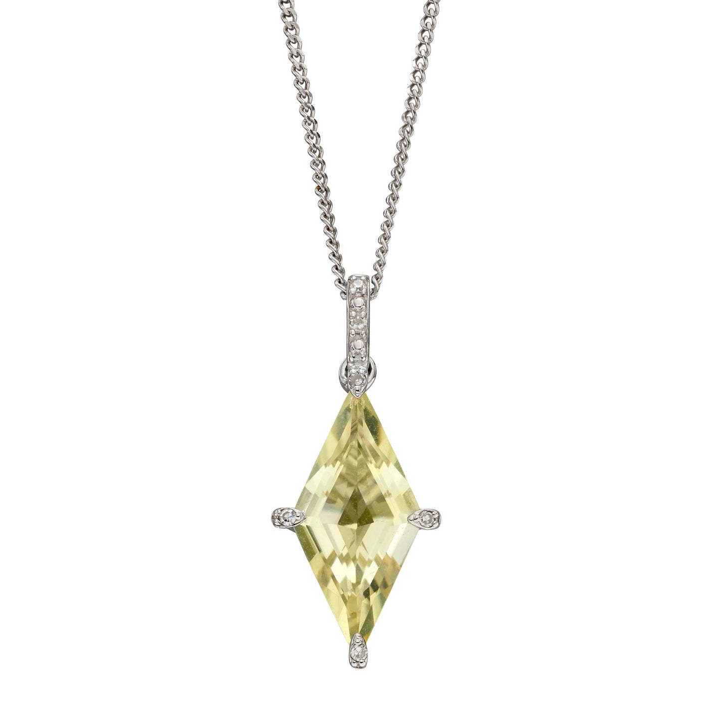 9ct White Gold Diamond Shaped Lemon Quartz Pendant
