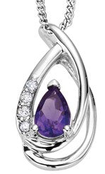 9ct White Gold Teardrop Amethyst and Diamond Penant with Chain