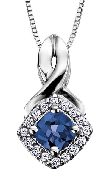 9ct White Gold Sapphire and Diamond Cushion Cluster Pendant with Chain