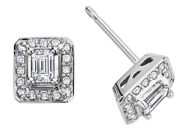 9ct White Gold Emerald-Cut Diamond Halo Stud Earrings