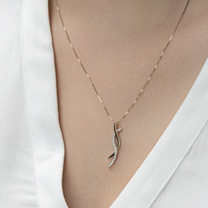 Two-Tone 9ct Yellow Gold Diamond Wave Pendant with Chain