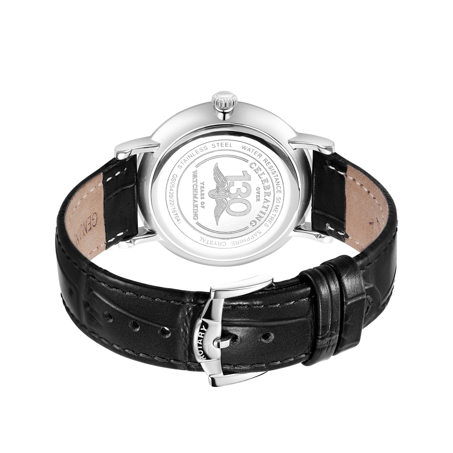Stainless Steel Day Date Watch With Black Leather Strap