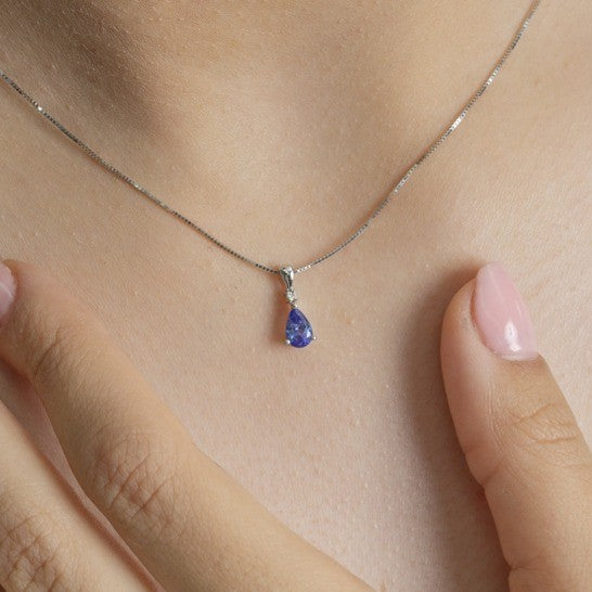9ct White Gold Pear-Cut Tanzanite Pendant with Chain