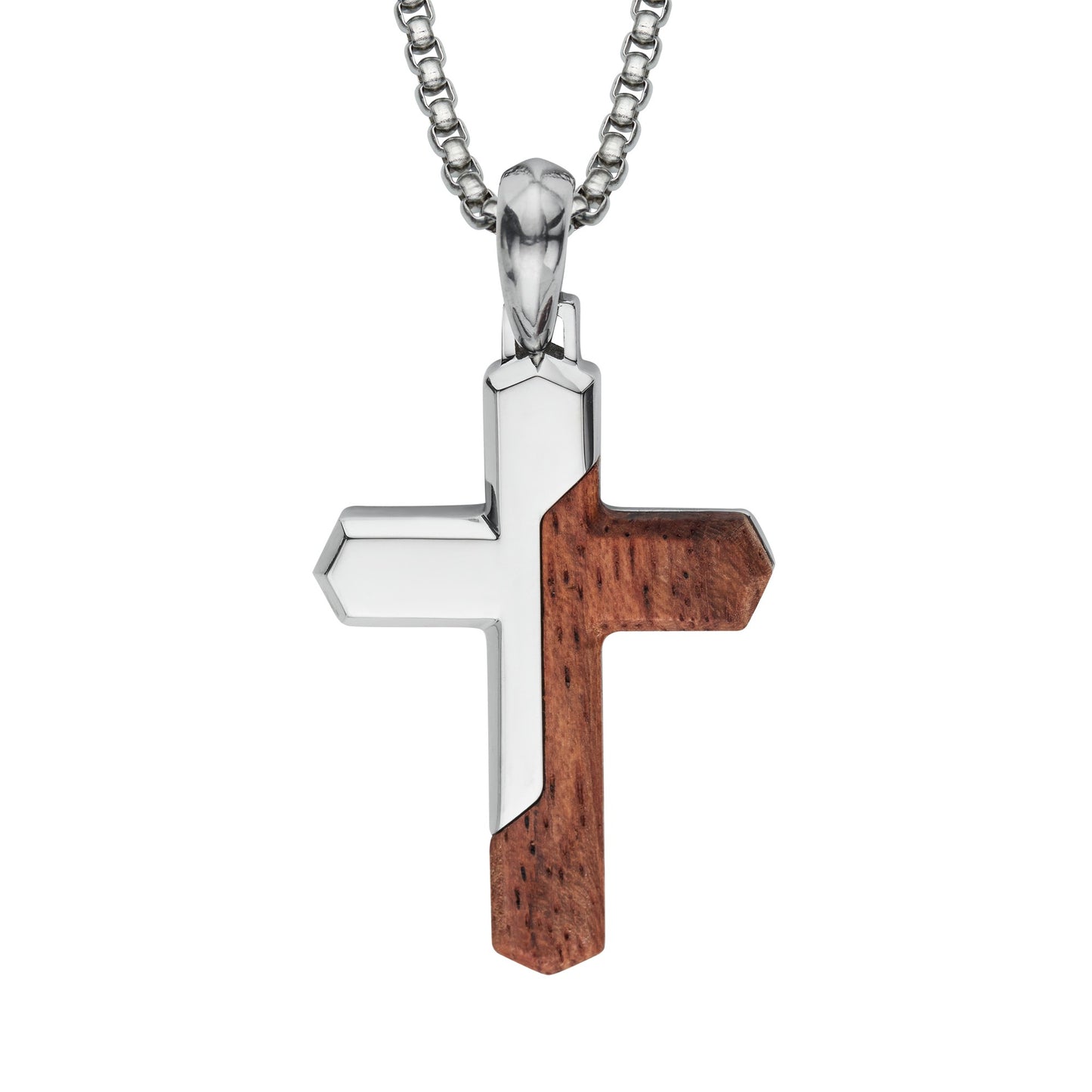 Stainless Steel and Bubinga Wooden Cross Pendant and Chain