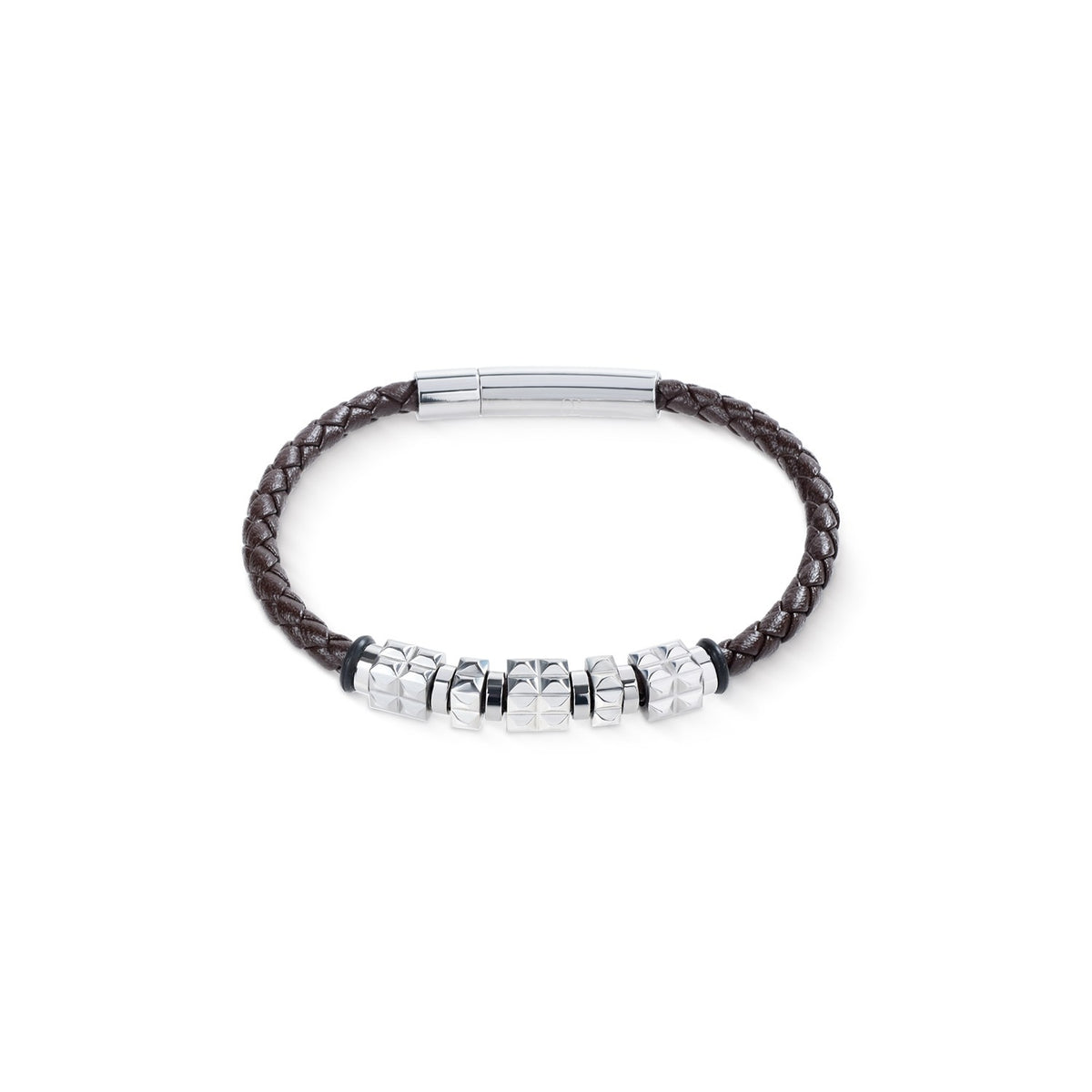 Brown Leather Bracelet with Stainless Steel Spikes Cubes