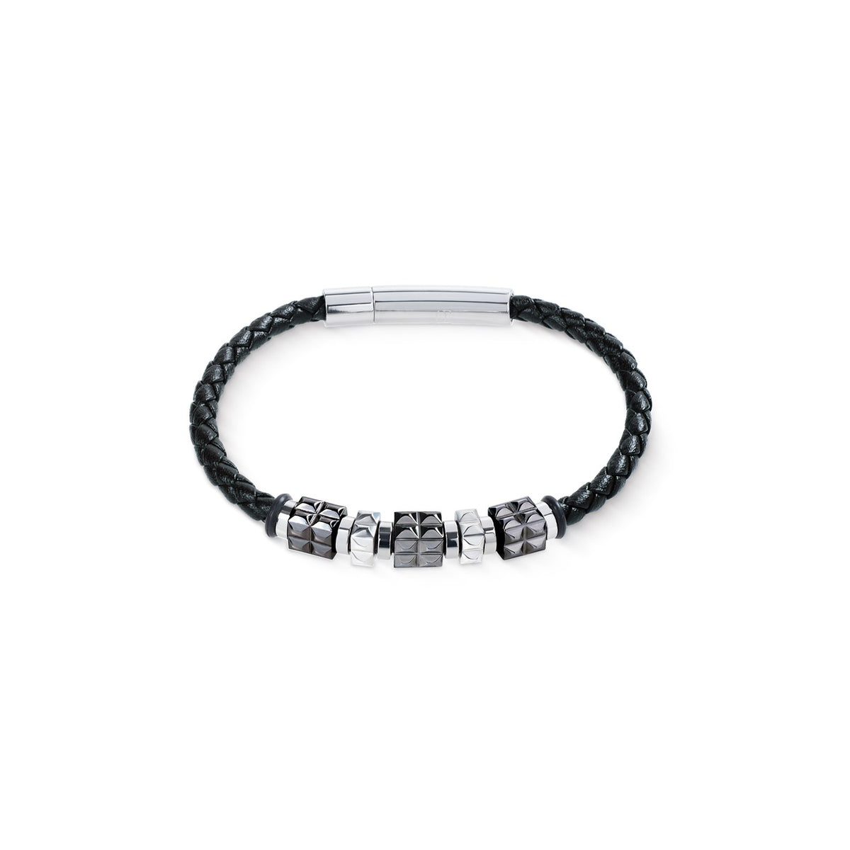 Black Leather Bracelet with Gun Metal Stainless Steel Spikes Cubes