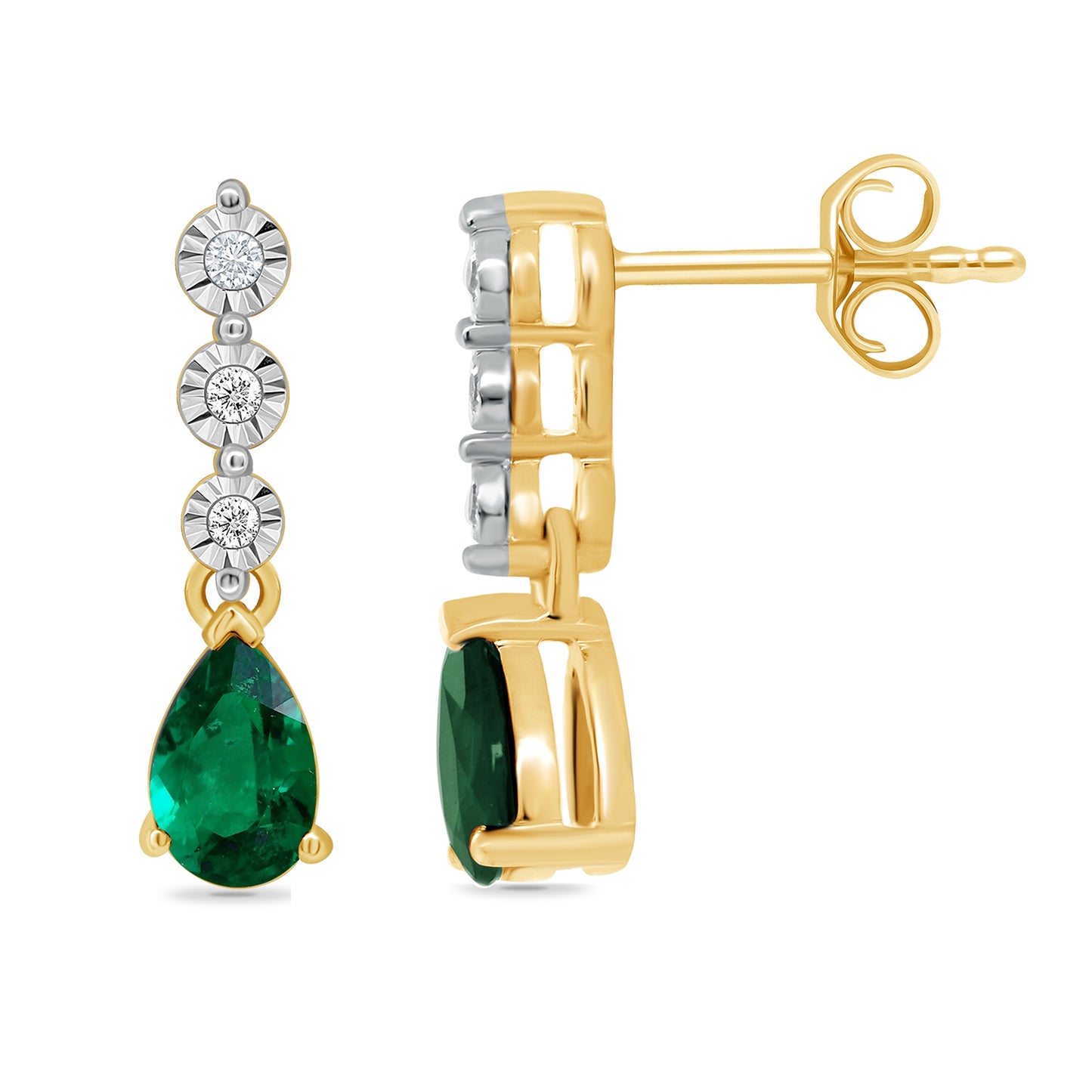 9ct Yellow Gold Triple Diamond and Teardrop Emerald Drop Earrings