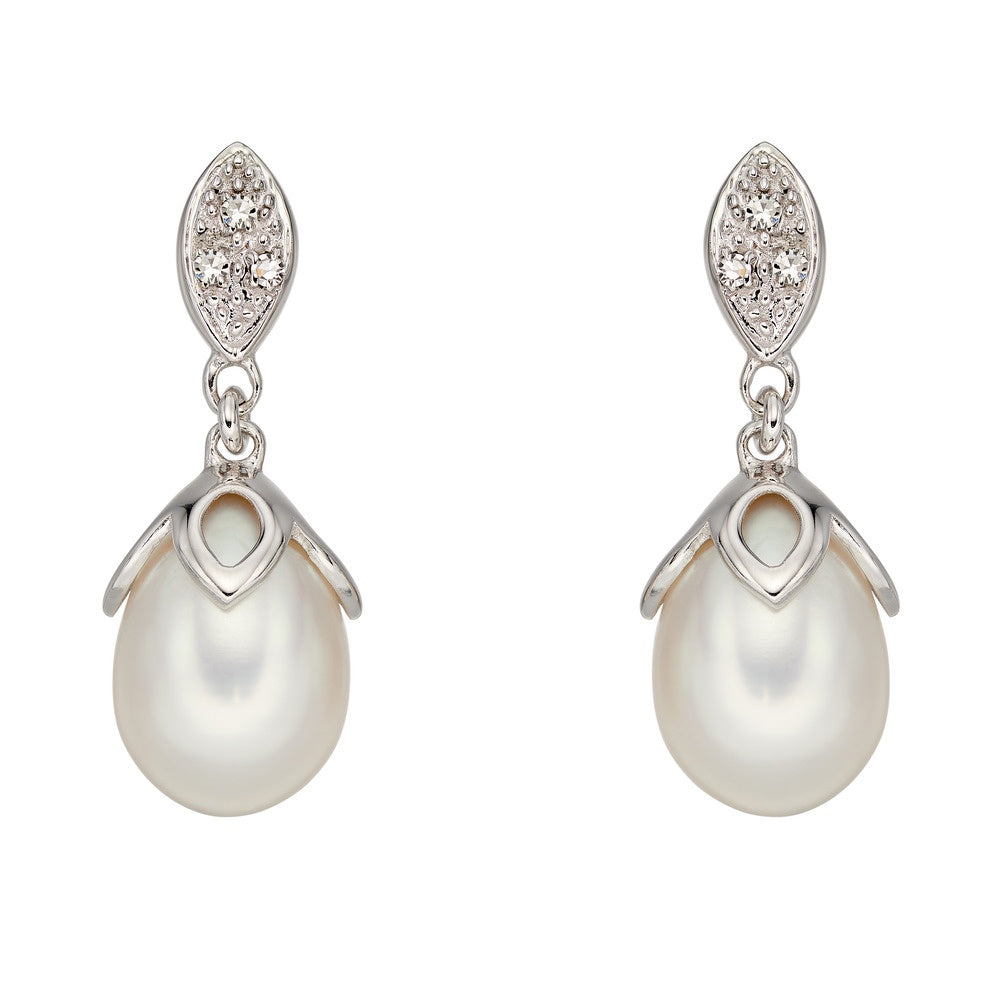 GE2223W 9ct WG flower top FWP+Dia Earrings