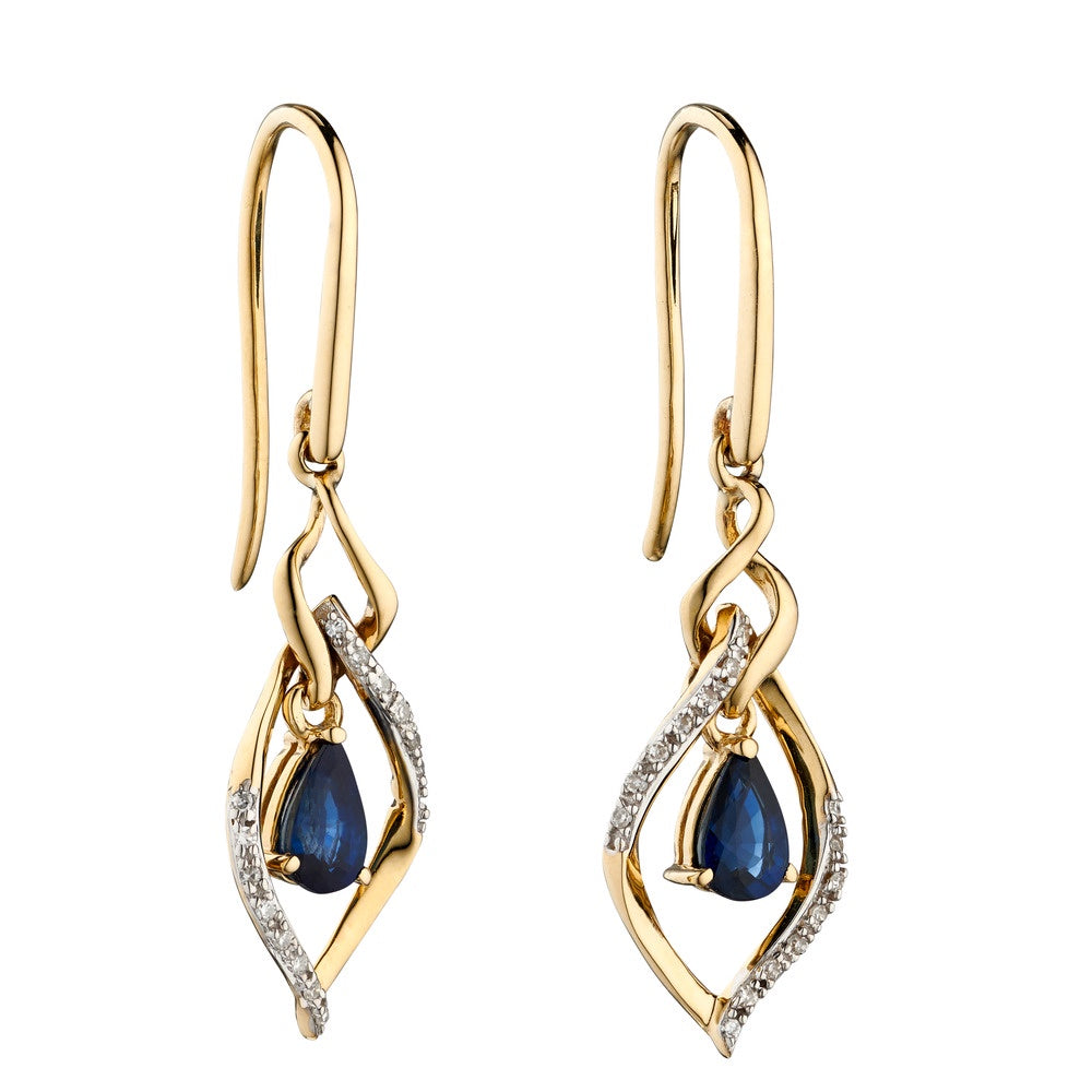 GE2274L 9ct YG Sapphire + Diamond Twist Marquise Drop Earrings