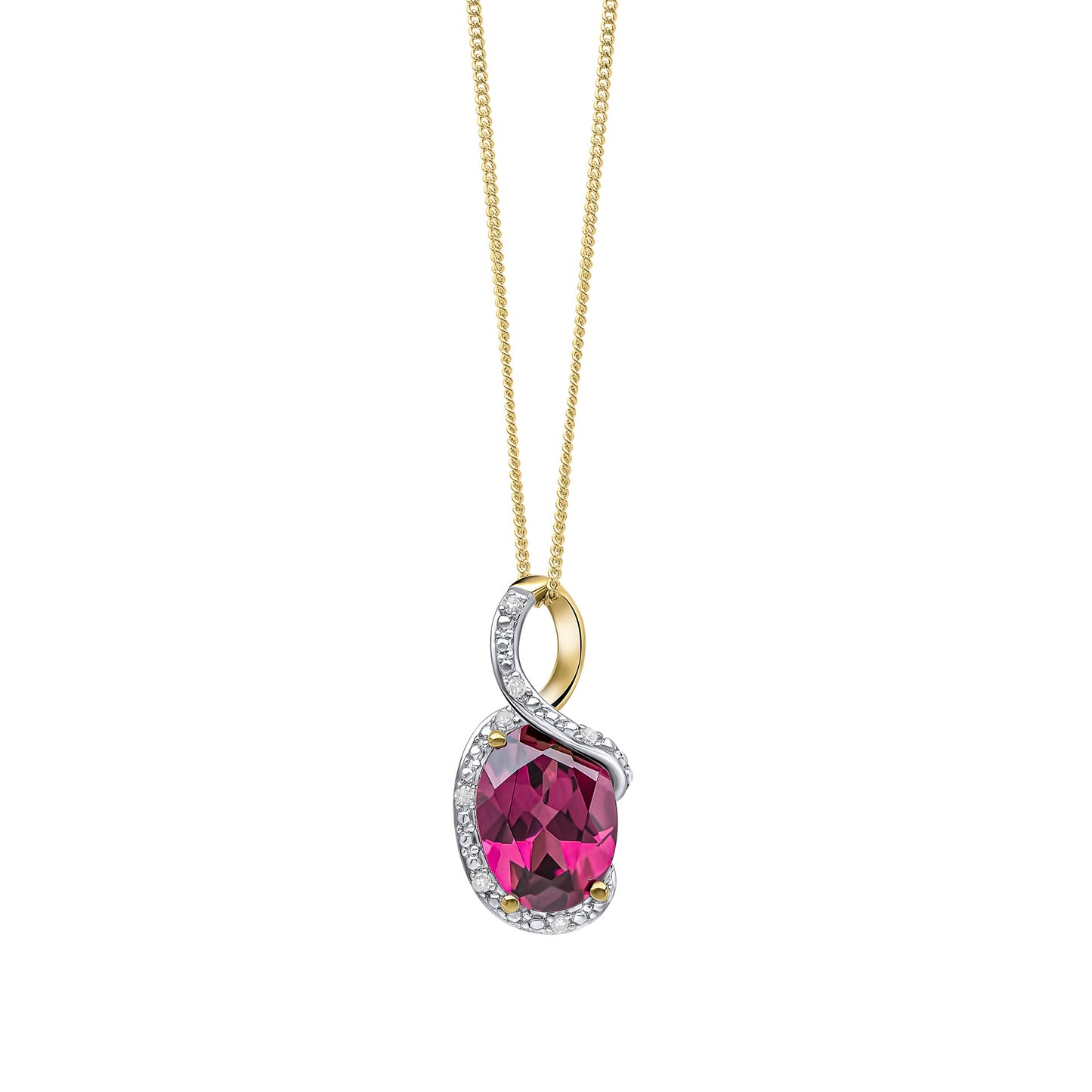 GP2359M 9ct YG Diamond + Rhodolite Garnet twist Pendant
