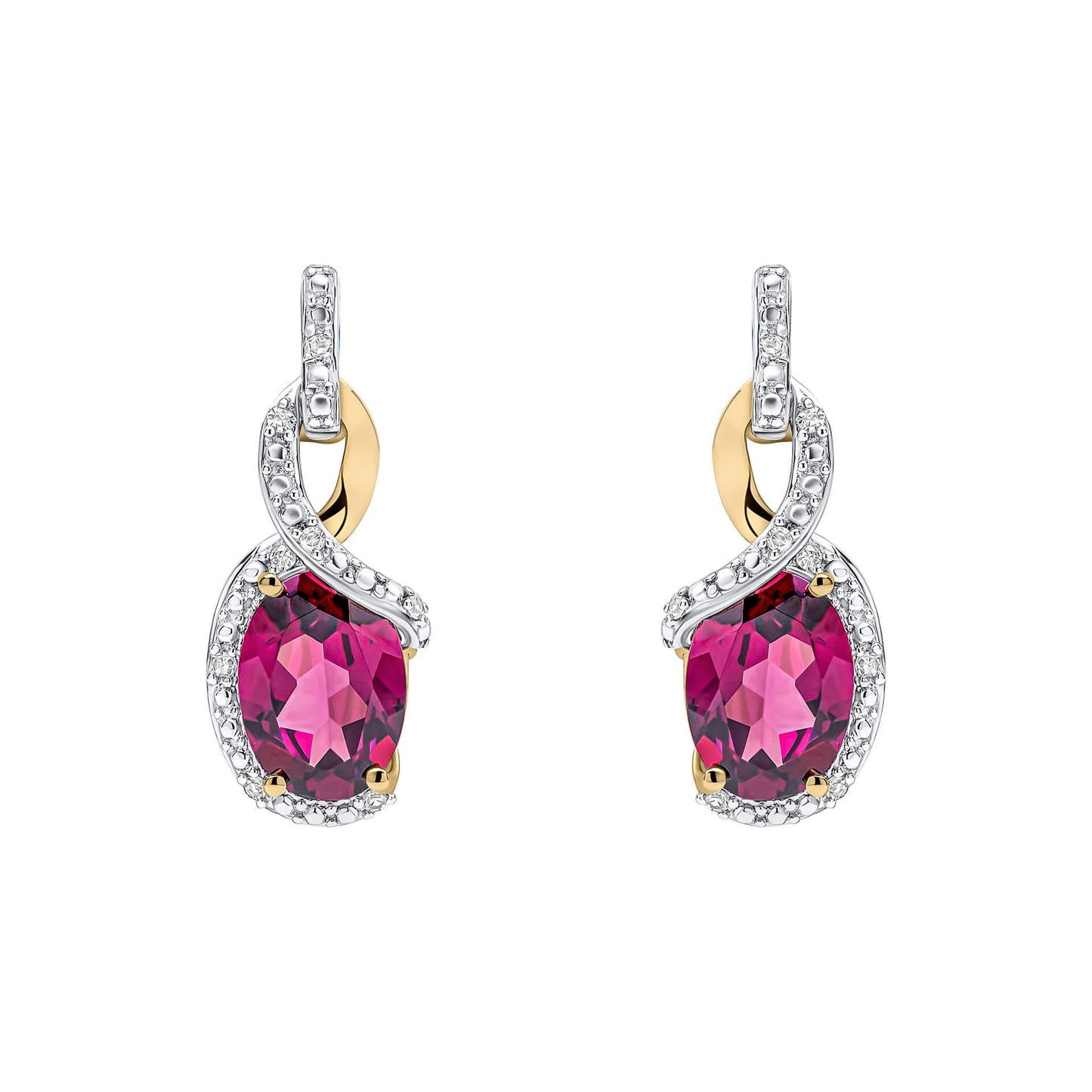 Yellow Gold Oval Rhodolite Garnet and Diamond Drop Earrings