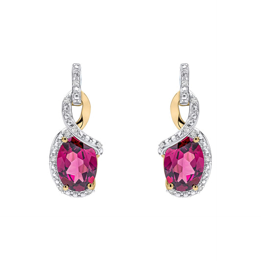 Yellow Gold Oval Rhodolite Garnet and Diamond Drop Earrings