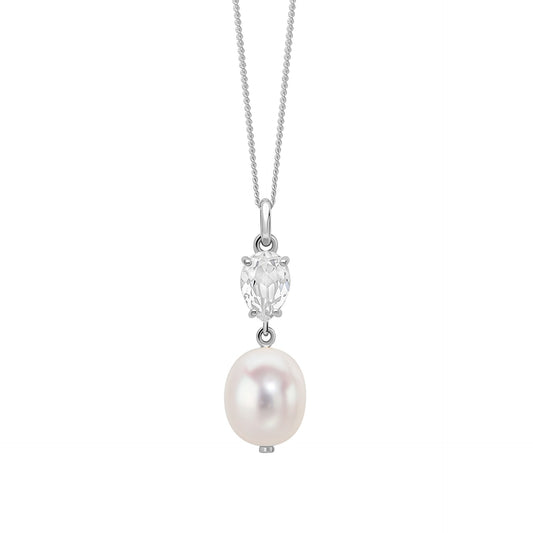 9ct White Gold Fresh Water Pearl and White Topaz Pendant