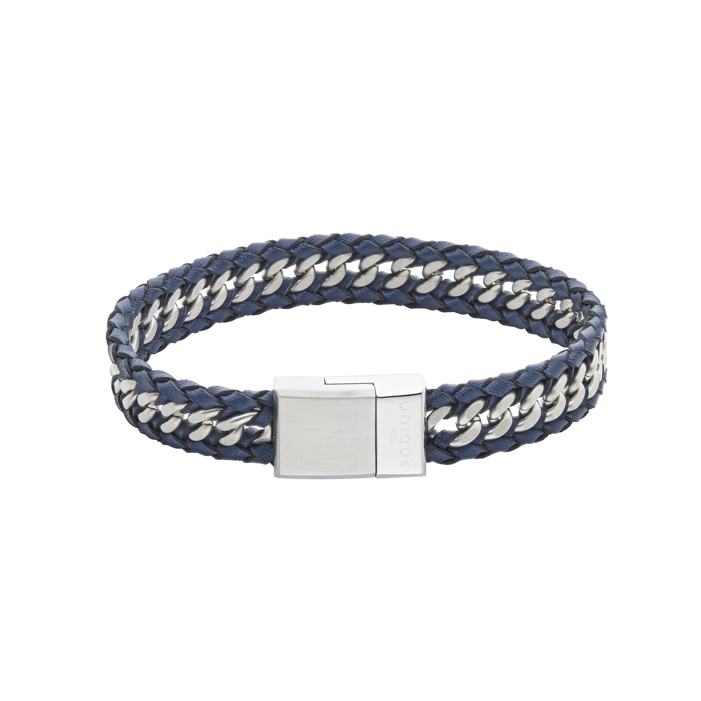 Navy Leather Stainless Bracelet