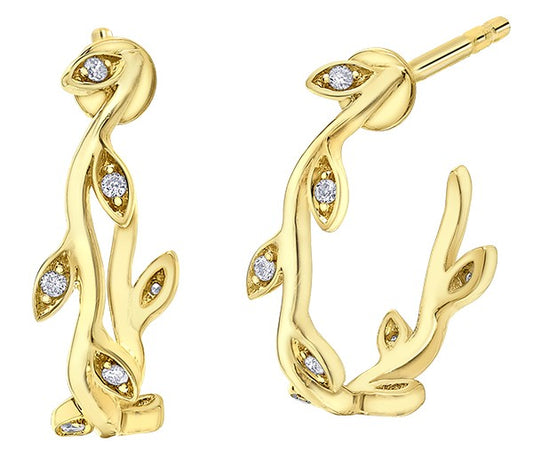 9ct Yellow Gold Diamond Vine Motif Hoop Earrings