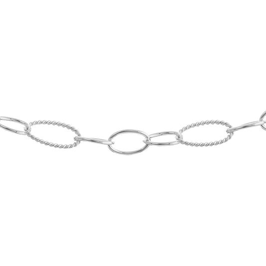 Sterling Silver Handmade Oval Textured Link Chain Bracelet.