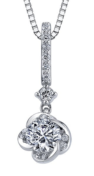 9ct White Gold Diamond Floral Swirl Pendant with Chain