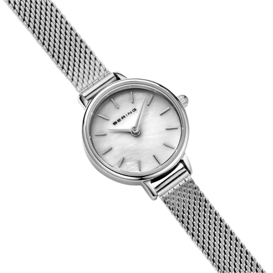 Small Silver Colour Mother of Pearl Mesh Watch