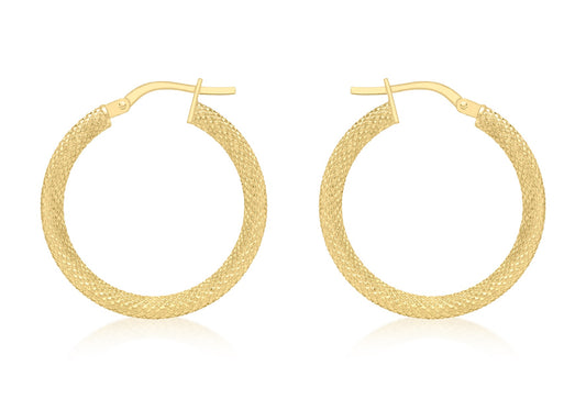 9ct Yellow Gold 25mm Textured-Round-Hoop Creole Earrings