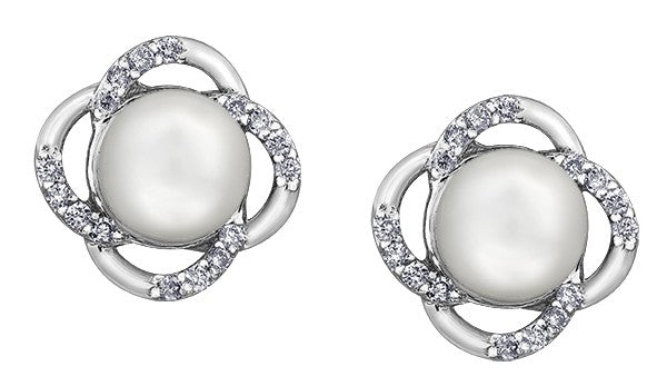 9ct White Gold Pearl and Floral Stud Earrings