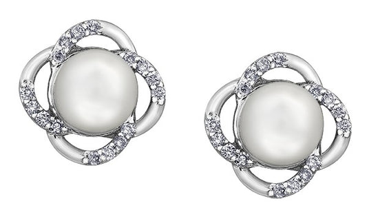 9ct White Gold Pearl and Floral Stud Earrings