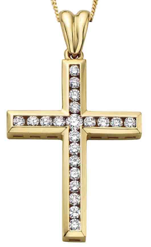 9ct Yellow Gold Diamond Channel Set Cross Pendant with Chain
