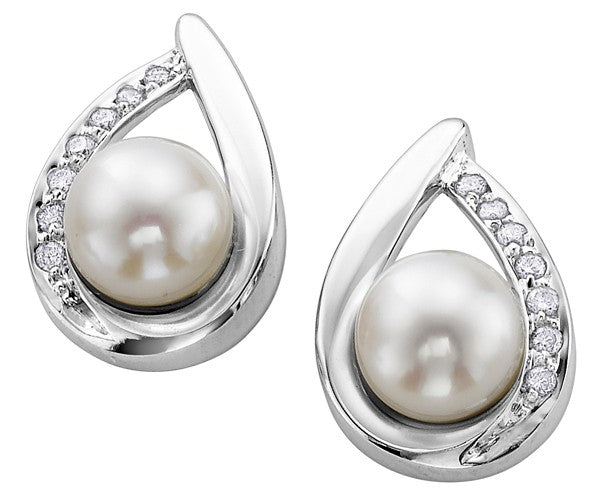 White Gold Teardrop Pearl and Diamond Earrings