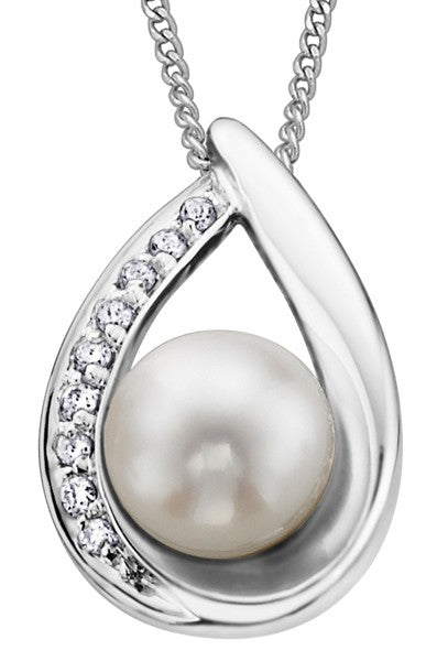 White Gold Teardrop Pearl and Diamond Pendant with Chain