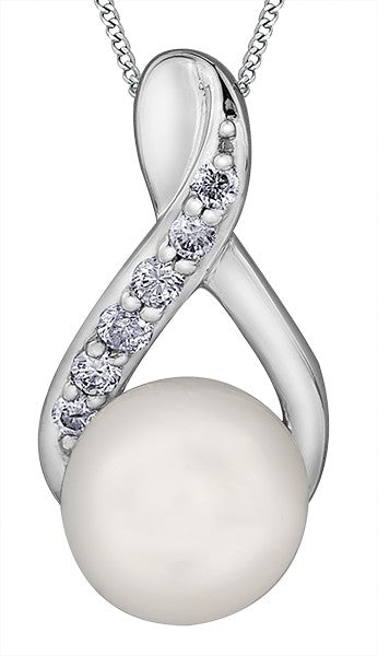 9ct White Gold Pearl and Diamond Twist Pendant with Chain