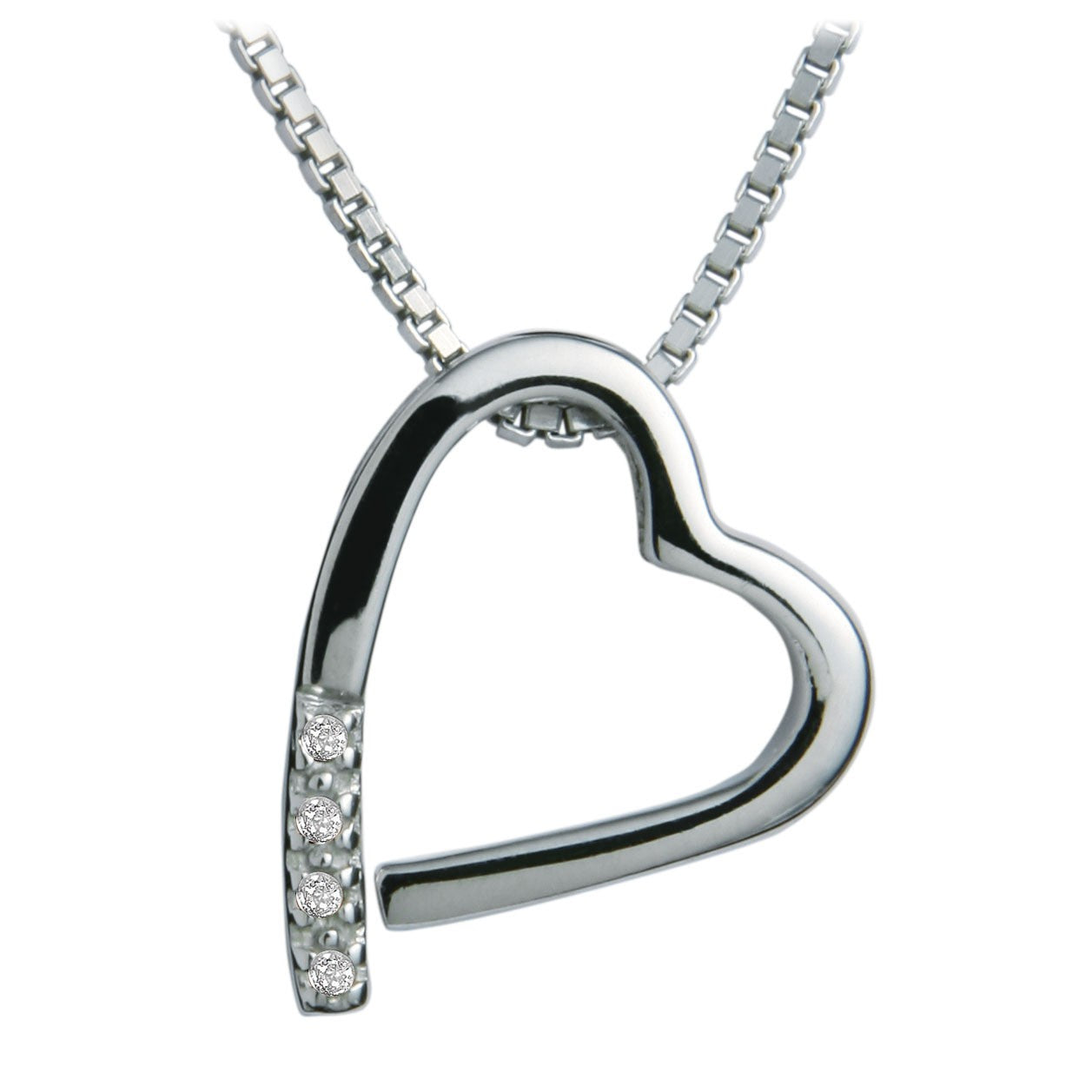 Silver Diamond Set Side Heart Pendant with Chain