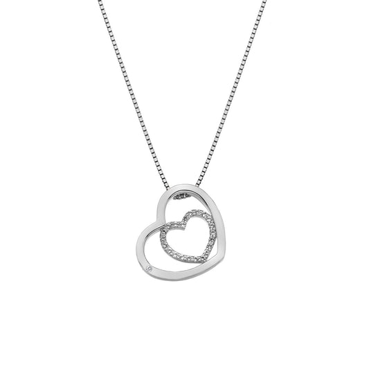Silver White Topaz and Diamond Double Heart Pendant with Chain