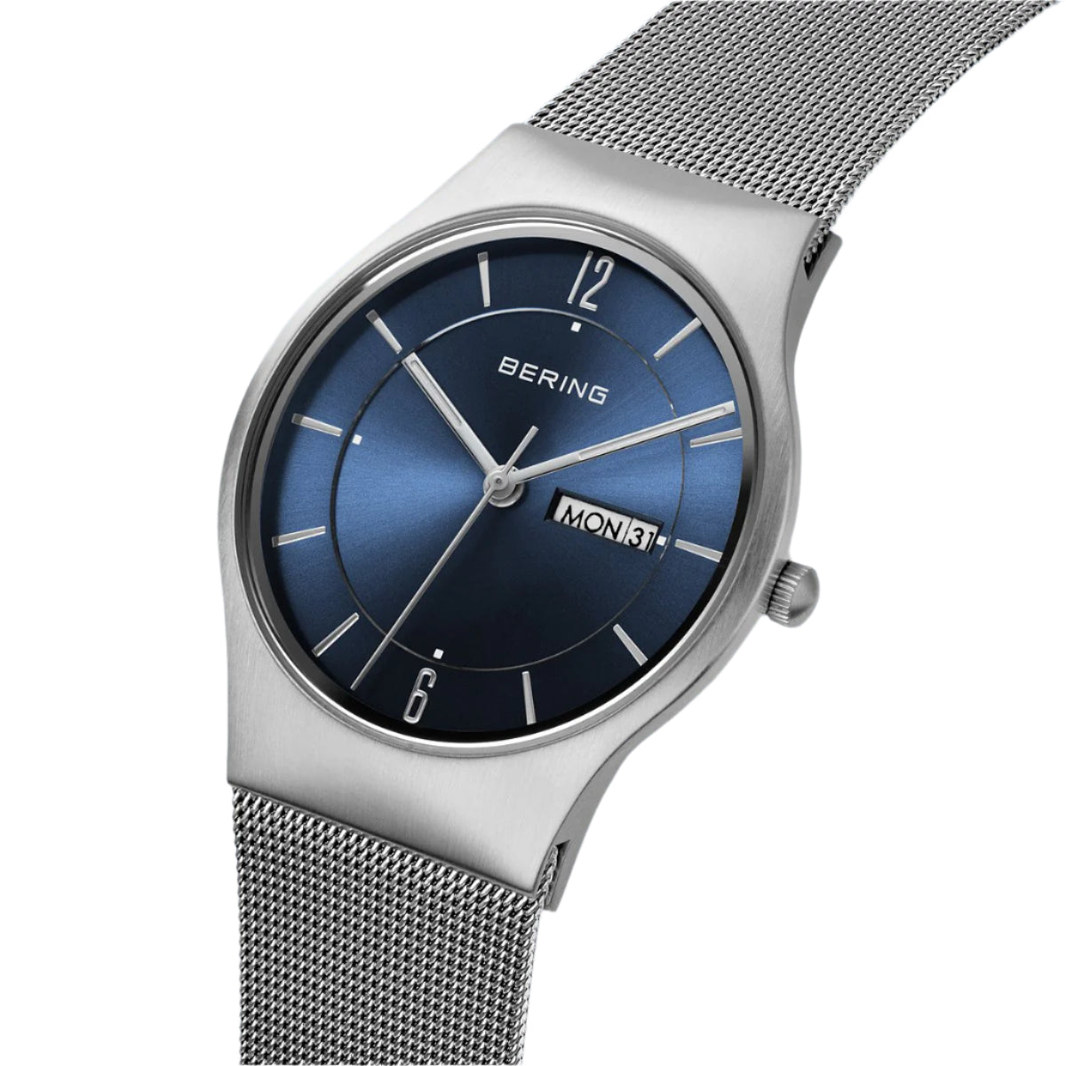 11938-003DD Silver Colour Satin Finish Bezel with Blue Dial Mesh Strap Watch