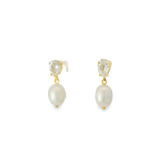 GE2493W 9ct YG FWP + pearshape white Topaz drop Earrings