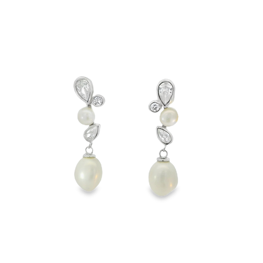 KS183E Sil Pearl+Multi CZ Top Earrings
