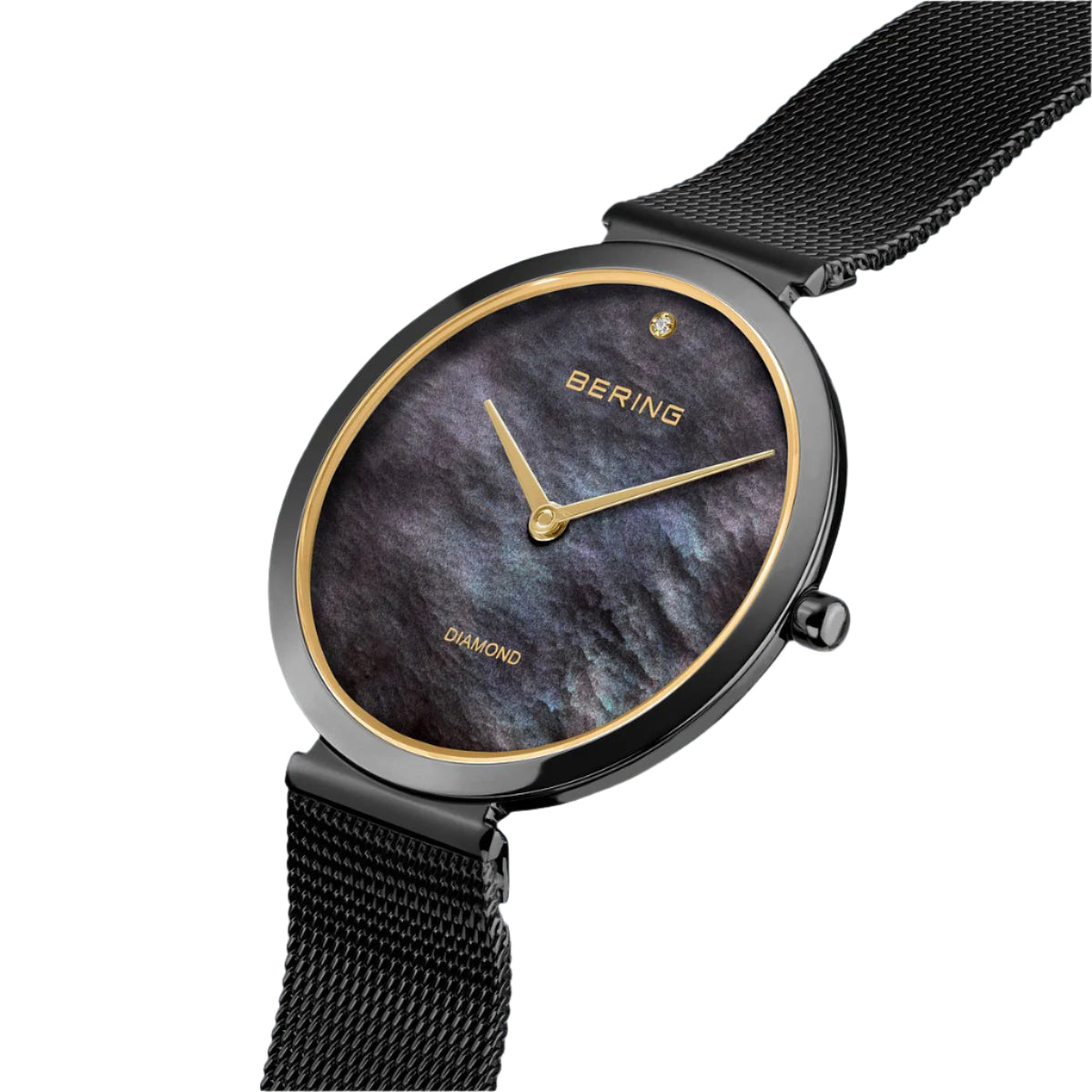 Black Mother of Pearl and Diamond Dial Watch with Black Mesh Strap