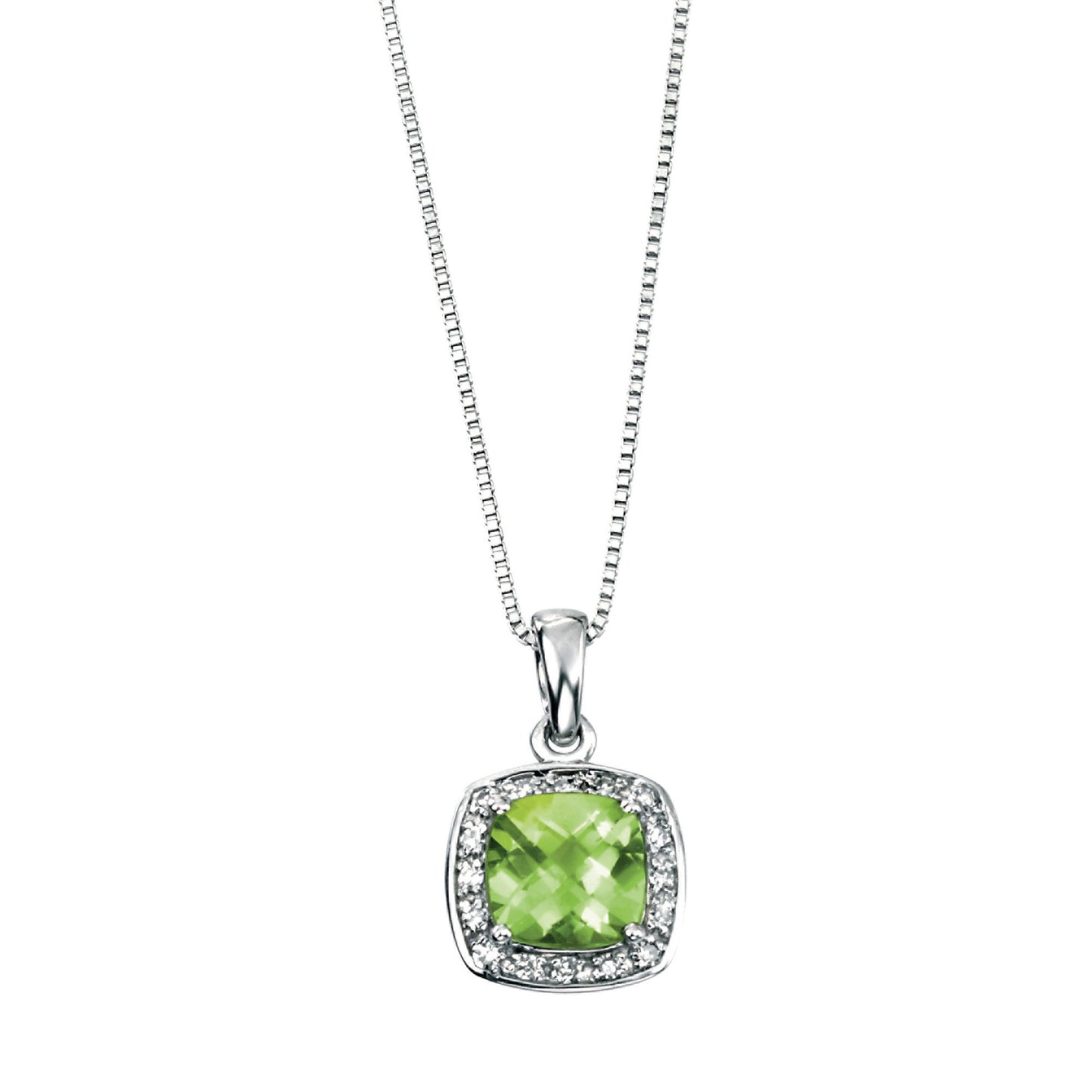 9ct White Gold Peridot and Diamond Square Cluster Pendant
